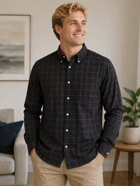 Arnold Palmer Men’s Medium Black Plaid Button-Up Shirt Long Sleeve Casual Cotton